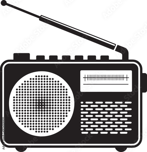 Portable transistor radio receiver icon black silhouette with telescopic antenna and speaker