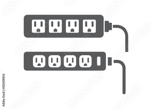 Design of an electric extension cord. Network filter present. Silhouette in color. Top front view angle. Simple flat vector illustration. Isolated on a white background. Isolate
