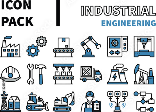 Industrial engineering icon pack with factory, gears, conveyor belt, robot arm, CNC machine, hard hat, wrench, hammer, truck, power plant, oil rig, and flowchart.