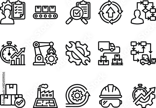 Collection of icons representing industrial processes, logistics, and quality control in manufacturing and business operations.