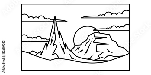 Frozen Mountain Black Line Illustration for Arctic and Snowy Landscape Designs