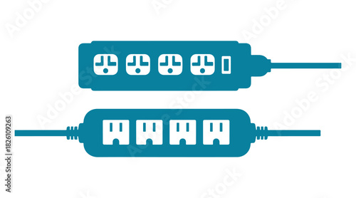 Electric extension cord symbol. Includes a network filter. Silhouette in color. Top-down perspective. Vector graphic illustration in a simple flat style. Isolated on a white backdrop. Isolate