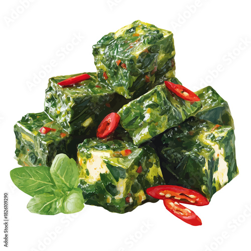 Watercolor-style vector illustration of Saag Paneer, isolated on a clean white background.