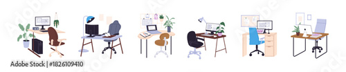 Set of empty workplaces. Vacant desks with desktop computers in office. Clean work tables of employees with armchairs. Modern workspaces. Flat isolated vector illustrations on white background.
