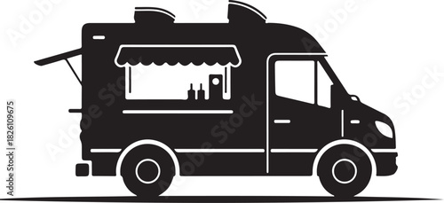 Food truck vector icon serving street food, fast meals and snacks