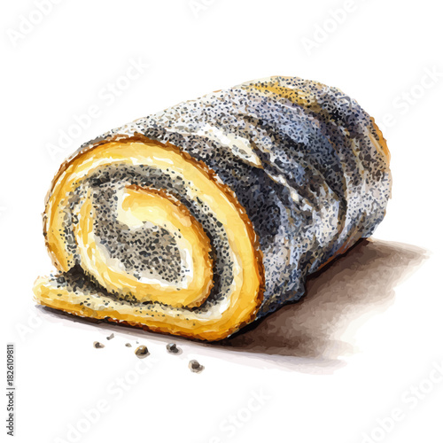 Watercolor-style vector illustration of Poppy Seed Roll, isolated on a clean white background.
