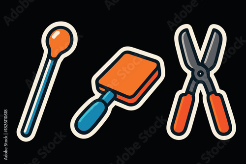 Colorful cartoon tool set: spatula, pliers, dropper on dark background