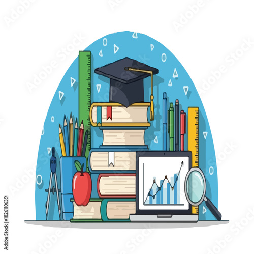 Education success with books and graph on laptop