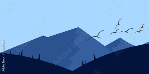 Landscape of mountain range scenery. Panoramic view of mountain peaks and ridges. Vector illustration of scenic landscape with majestic mountain range and ridges under blue sky