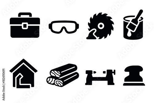 Black and white silhouette icons of tools and equipment for workshop and home improvement