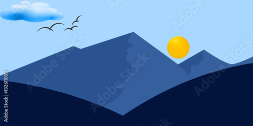 Landscape of mountain range scenery. Panoramic view of mountain peaks and ridges. Vector illustration of scenic landscape with majestic mountain range and ridges under blue sky