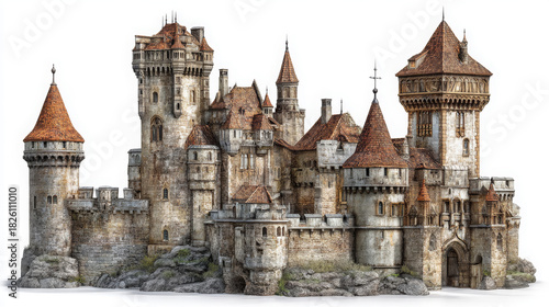 Medieval stone castle with red roof towers