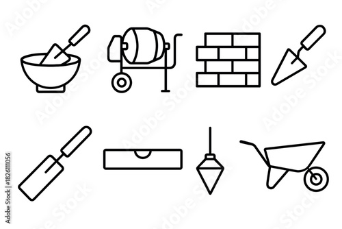 Construction tools line art set: trowels, cement mixer, brick wall, level, and wheelbarrow icons