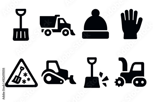 Winter equipment icons set: snow removal tools and vehicles in silhouette style