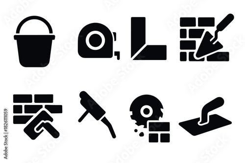 Black construction icons: tools and materials in minimal silhouette design
