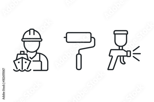 Construction icons: worker, paint roller, spray gun in linear minimalist design