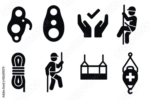 Safety equipment icons for climbing and rescue: harness, rappelling gear, safety check, rope access