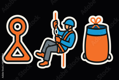 Climbing gear icons on black background featuring climber and equipment