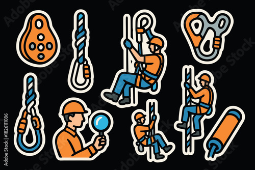 Flat colorful climbing and rappelling equipment with climbers on black background