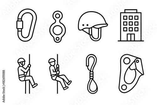 Climbing gear and equipment icons: line art of hooks, helmets, and rappelling figures