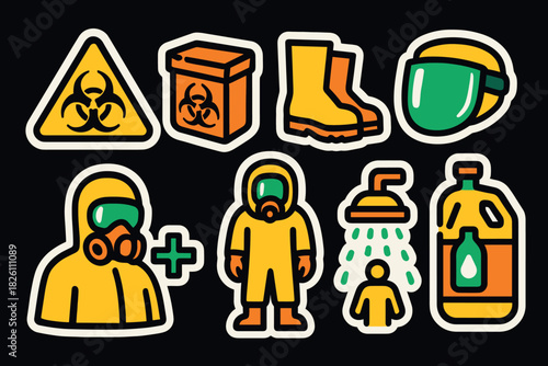Bright biosafety stickers with hazmat gear and biohazard symbols on dark background