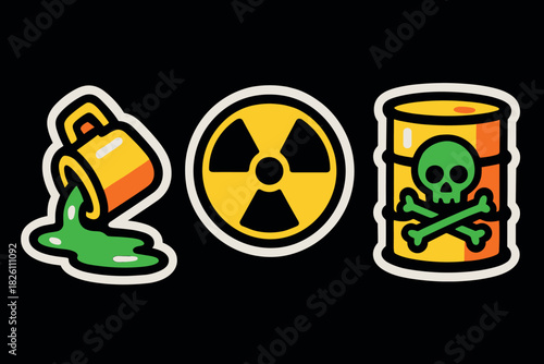 Toxic hazards: radioactive symbols and hazardous waste stickers on black
