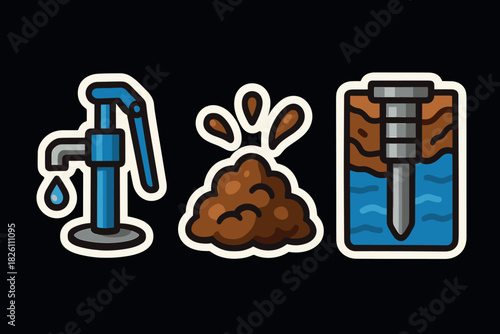 Water well development icons: pump, mud, drill representation