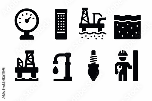 Oil industry icons set: silhouette style graphics for energy and technology themes