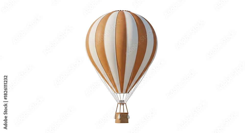 Obraz premium Detailed Three-Dimensional Render of a Classic Hot Air Balloon Featuring Elegant Brown and White Vertical Stripes Isolated on a Pure White Background for Travel Adventure Concepts and Transp