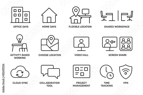 Modern workplace icons: flexible locations and remote tools for efficient collaboration