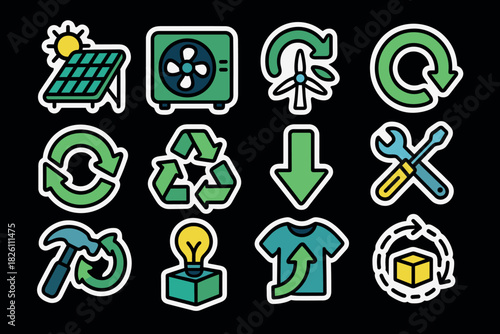 Eco-friendly icons set with renewable energy and recycling symbols on black background