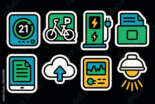 Colorful icons featuring technology, transportation, and energy in modern flat design