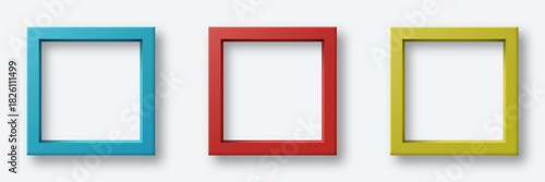 color frame square design with bright geometric shapes on a white wall showing soft shadow and empty center for modern art decor interior concept photography