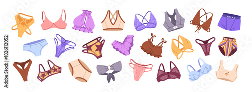Set of different fashion lingerie: bras and panties. Sports and lace underwear. Sexy panty and brassiere for women. Stylish female bikini. Flat isolated vector illustrations on white background