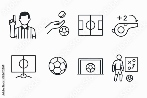 Soccer referee icon set featuring whistle, ball, field, and strategy elements in linear style