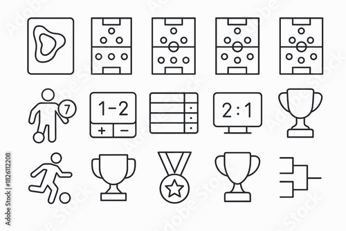 Linear icons of soccer elements including trophies, scoreboards, and player activities