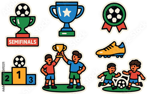 Cartoon soccer tournament icons: trophies, players, and awards
