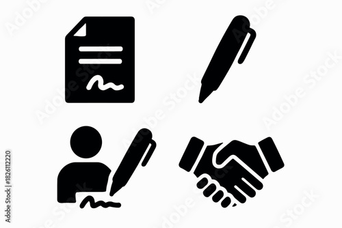 Silhouette icons of signing document, writing, and handshake symbols for professional use