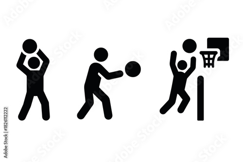 Simplified basketball icons depicting game actions in silhouette style