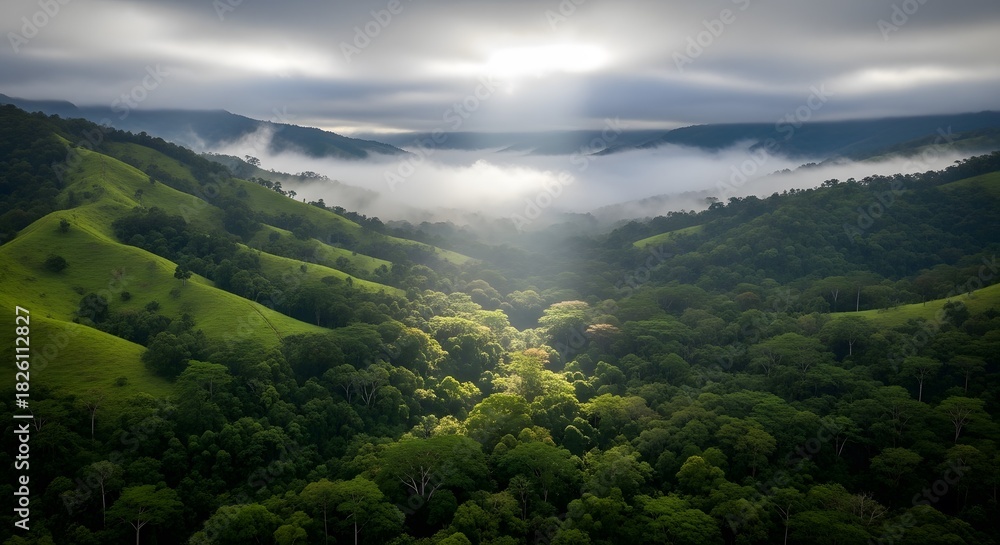 Fototapeta premium Serene Misty Valley Overlooking Lush Green Forest at Sunrise