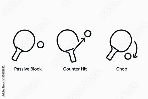 Table tennis techniques: passive block, counter hit, chop in linear design