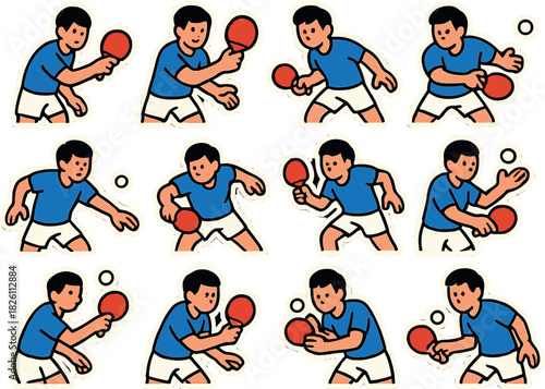 Dynamic table tennis player stickers showing various game poses