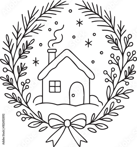 Hand-drawn doodle vector illustration of a cozy house inside a mistletoe wreath decorated with bows, created in simple black and white line art for winter themes, holiday crafts and coloring pages.