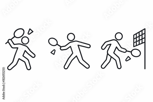 Minimalist line art of stick figures playing tennis