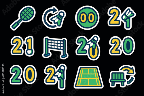Colorful badminton icons set with rackets, courts, and shuttlecocks for sports design