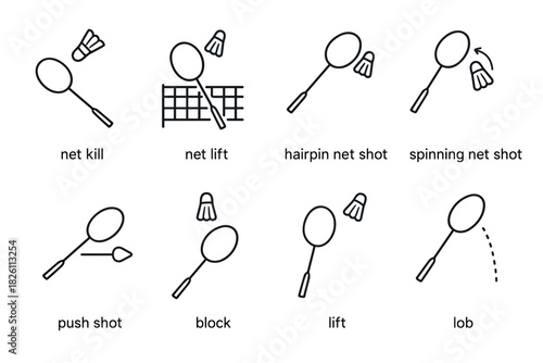 Badminton shot icons: net kill, lift, hairpin, spinning, push, block, lob