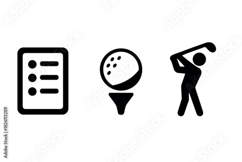 Minimalistic icons of task list, golf ball, and player action