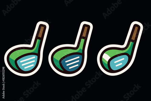 Colorful golf club icons on black background