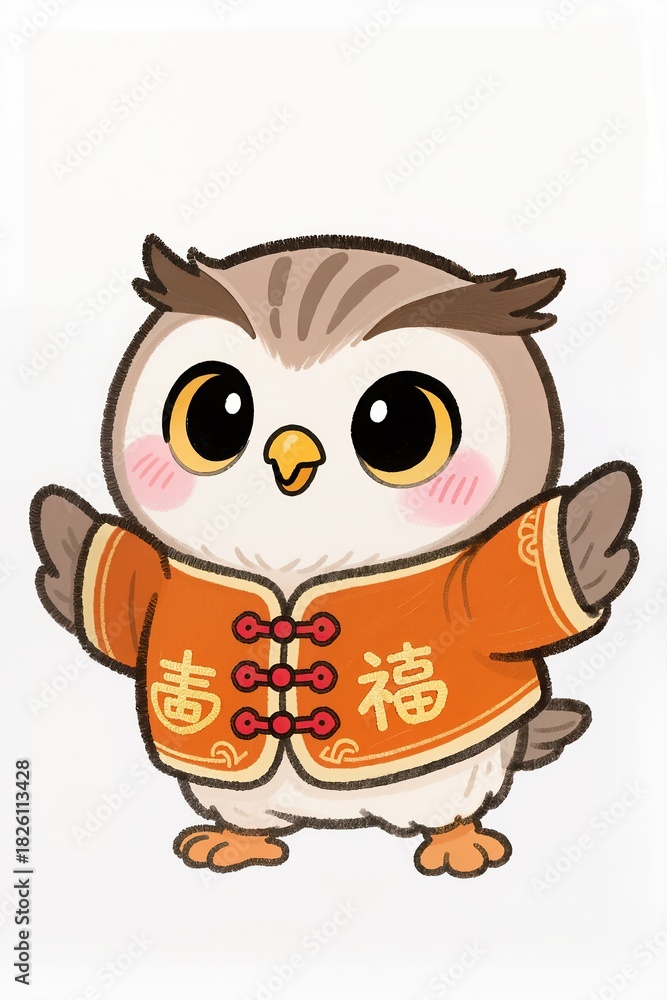 Fototapeta premium Adorable chibi Owl mascot with plump round face, big gleaming eyes, rosy cheeks, soft brush line art, dressed in orange New Year outfit with lucky symbols, cute playful stance, white background