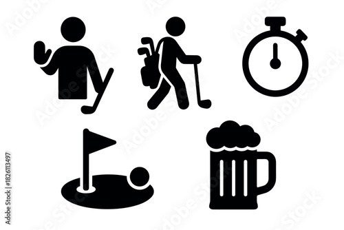 Golf silhouette icons: sport, timer, beer, and golfer graphics